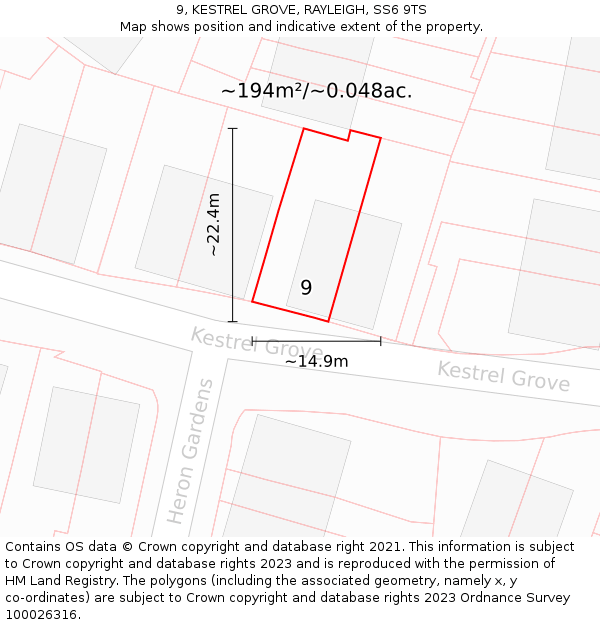 9, KESTREL GROVE, RAYLEIGH, SS6 9TS: Plot and title map