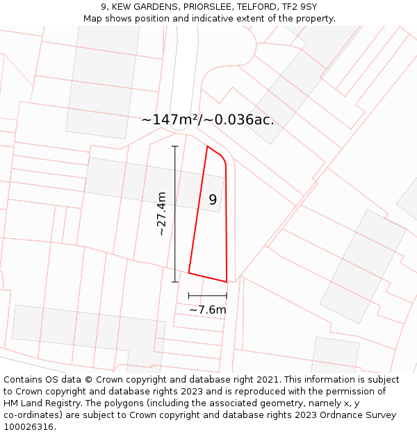 9, KEW GARDENS, PRIORSLEE, TELFORD, TF2 9SY: Plot and title map