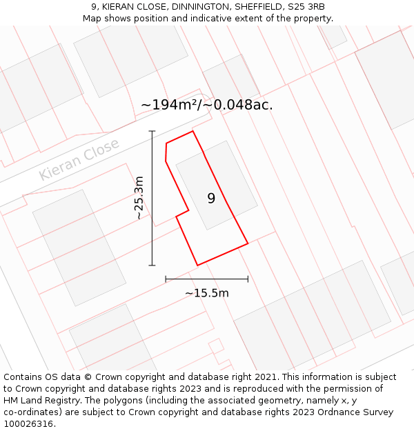 9, KIERAN CLOSE, DINNINGTON, SHEFFIELD, S25 3RB: Plot and title map