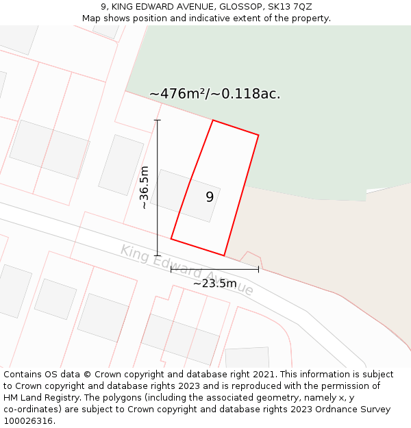 9, KING EDWARD AVENUE, GLOSSOP, SK13 7QZ: Plot and title map