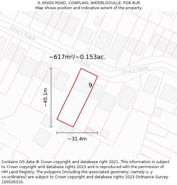 9, KINGS ROAD, COWPLAIN, WATERLOOVILLE, PO8 8UR: Plot and title map