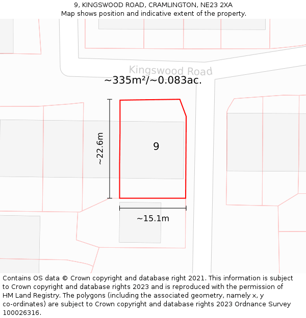 9, KINGSWOOD ROAD, CRAMLINGTON, NE23 2XA: Plot and title map