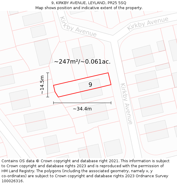 9, KIRKBY AVENUE, LEYLAND, PR25 5SQ: Plot and title map