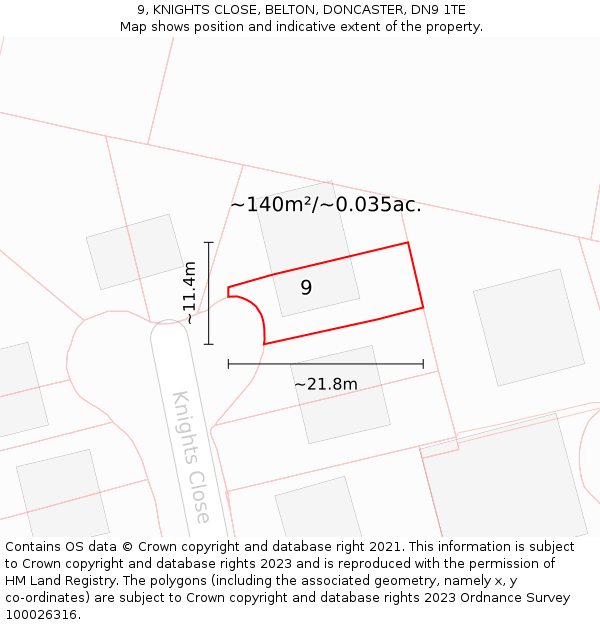 9, KNIGHTS CLOSE, BELTON, DONCASTER, DN9 1TE: Plot and title map