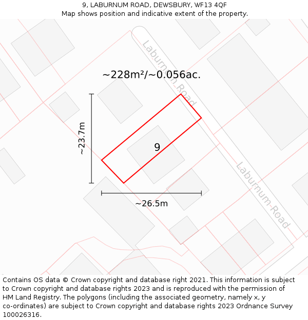 9, LABURNUM ROAD, DEWSBURY, WF13 4QF: Plot and title map