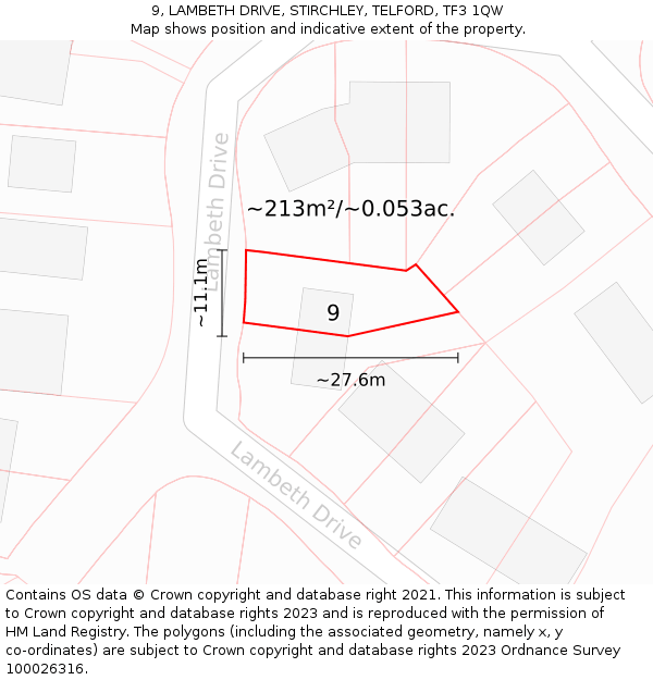 9, LAMBETH DRIVE, STIRCHLEY, TELFORD, TF3 1QW: Plot and title map