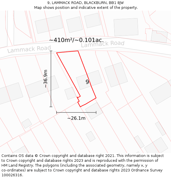 9, LAMMACK ROAD, BLACKBURN, BB1 8JW: Plot and title map