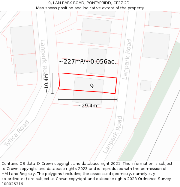 9, LAN PARK ROAD, PONTYPRIDD, CF37 2DH: Plot and title map