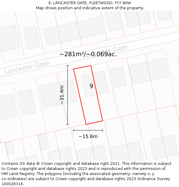 9, LANCASTER GATE, FLEETWOOD, FY7 8AW: Plot and title map