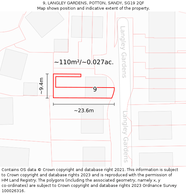 9, LANGLEY GARDENS, POTTON, SANDY, SG19 2QF: Plot and title map