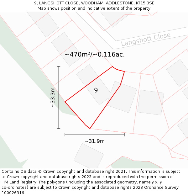 9, LANGSHOTT CLOSE, WOODHAM, ADDLESTONE, KT15 3SE: Plot and title map