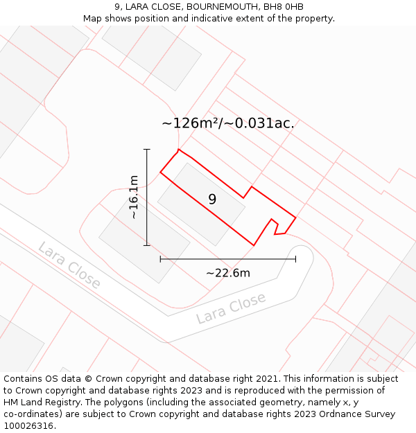 9, LARA CLOSE, BOURNEMOUTH, BH8 0HB: Plot and title map