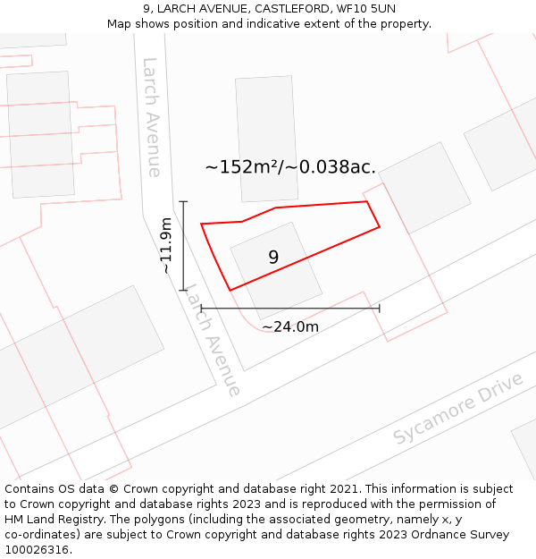 9, LARCH AVENUE, CASTLEFORD, WF10 5UN: Plot and title map