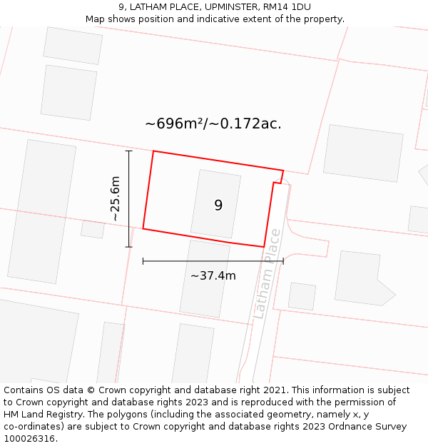 9, LATHAM PLACE, UPMINSTER, RM14 1DU: Plot and title map