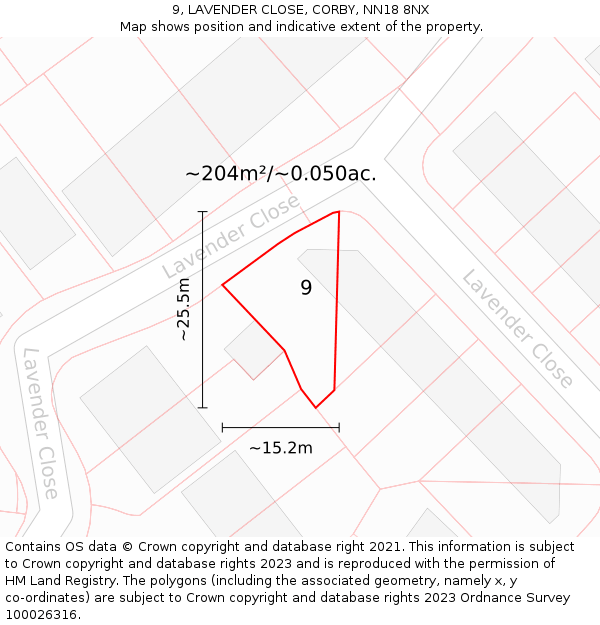 9, LAVENDER CLOSE, CORBY, NN18 8NX: Plot and title map