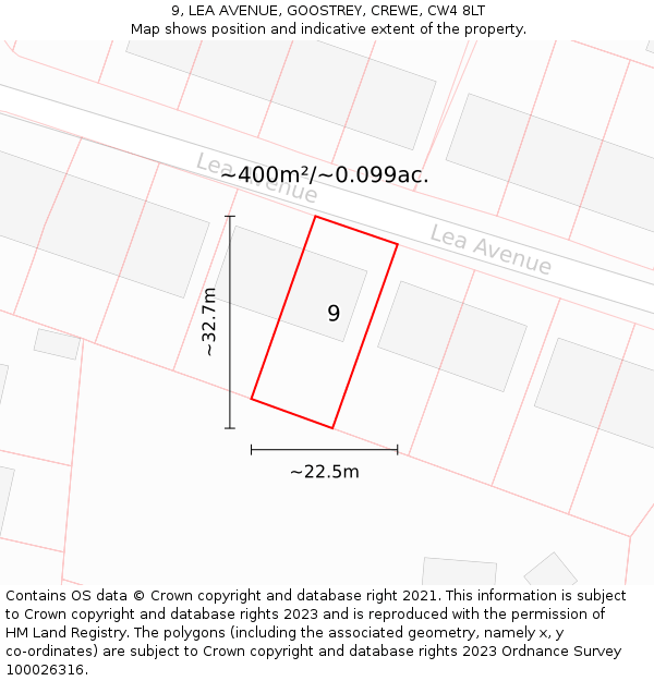 9, LEA AVENUE, GOOSTREY, CREWE, CW4 8LT: Plot and title map