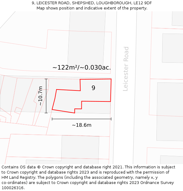 9, LEICESTER ROAD, SHEPSHED, LOUGHBOROUGH, LE12 9DF: Plot and title map