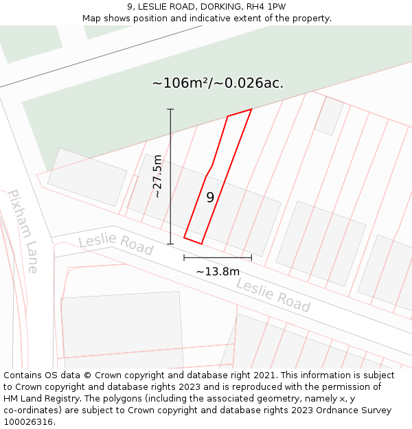 9, LESLIE ROAD, DORKING, RH4 1PW: Plot and title map