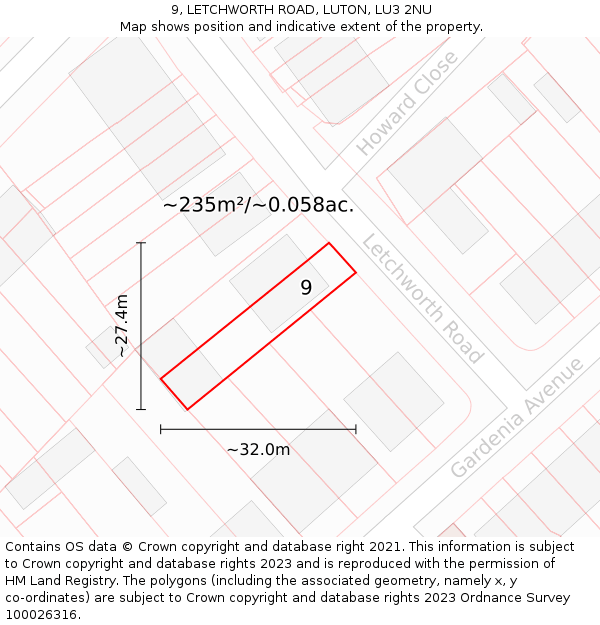 9, LETCHWORTH ROAD, LUTON, LU3 2NU: Plot and title map