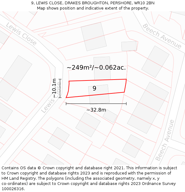 9, LEWIS CLOSE, DRAKES BROUGHTON, PERSHORE, WR10 2BN: Plot and title map