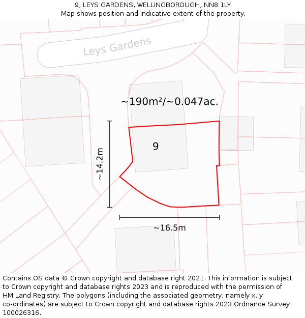 9, LEYS GARDENS, WELLINGBOROUGH, NN8 1LY: Plot and title map