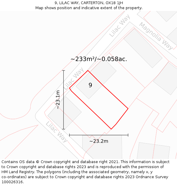 9, LILAC WAY, CARTERTON, OX18 1JH: Plot and title map