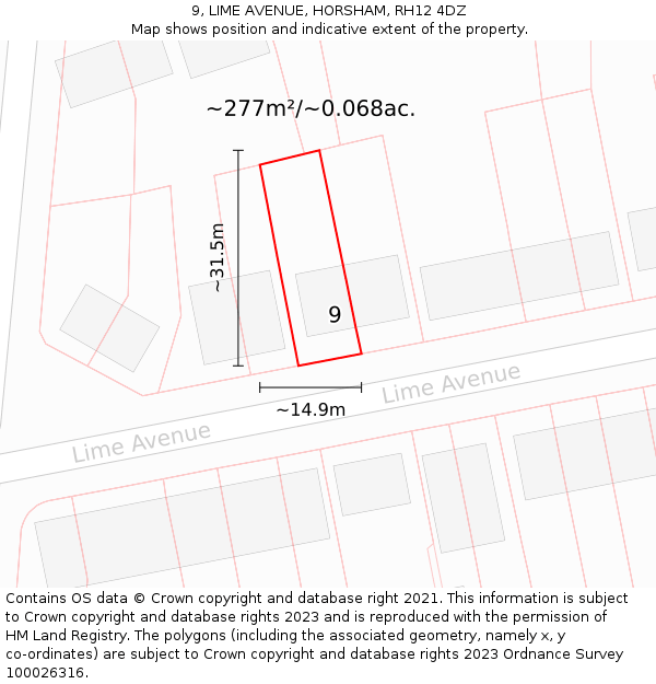9, LIME AVENUE, HORSHAM, RH12 4DZ: Plot and title map