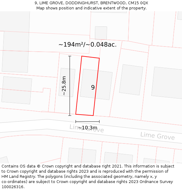 9, LIME GROVE, DODDINGHURST, BRENTWOOD, CM15 0QX: Plot and title map