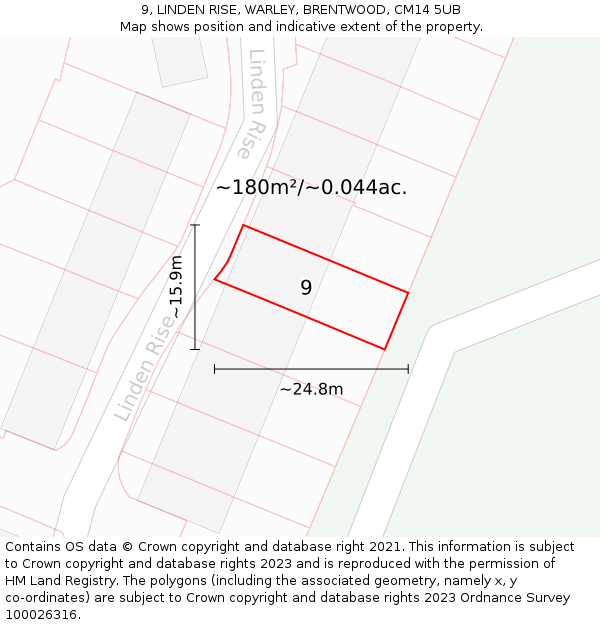 9, LINDEN RISE, WARLEY, BRENTWOOD, CM14 5UB: Plot and title map