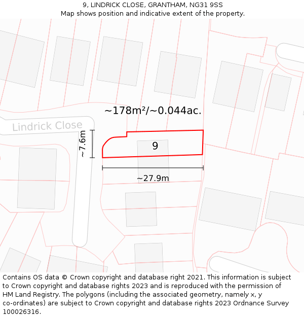 9, LINDRICK CLOSE, GRANTHAM, NG31 9SS: Plot and title map