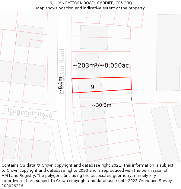 9, LLANGATTOCK ROAD, CARDIFF, CF5 3BQ: Plot and title map