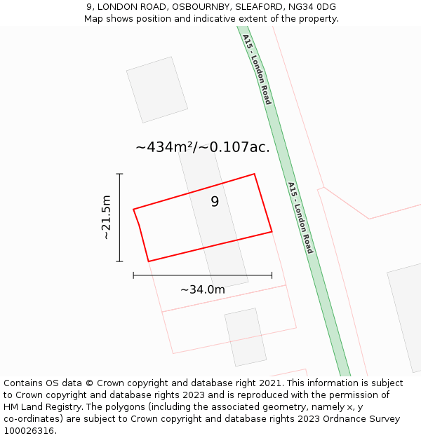 9, LONDON ROAD, OSBOURNBY, SLEAFORD, NG34 0DG: Plot and title map