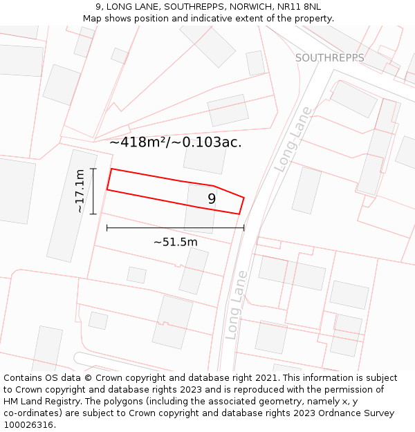 9, LONG LANE, SOUTHREPPS, NORWICH, NR11 8NL: Plot and title map