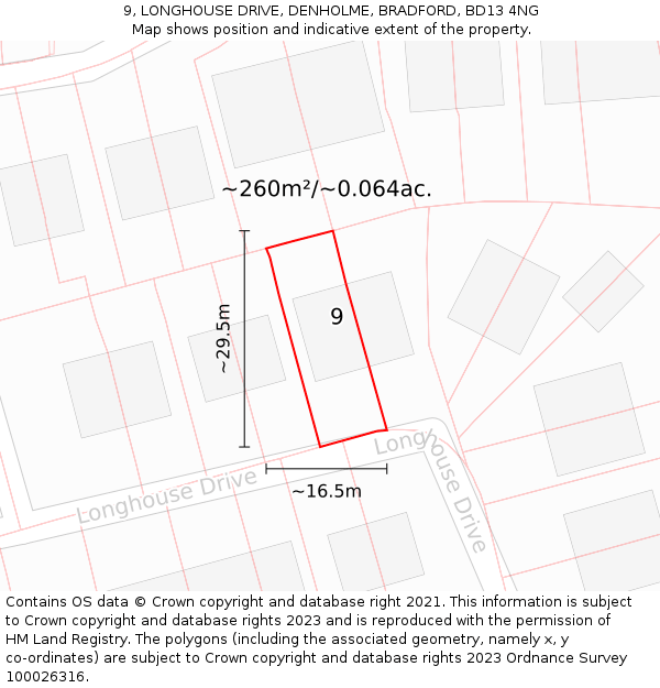 9, LONGHOUSE DRIVE, DENHOLME, BRADFORD, BD13 4NG: Plot and title map
