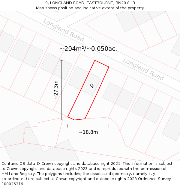 9, LONGLAND ROAD, EASTBOURNE, BN20 8HR: Plot and title map