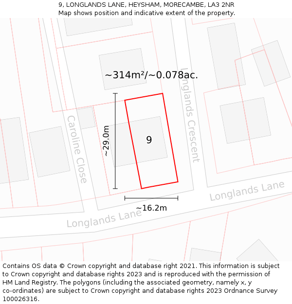 9, LONGLANDS LANE, HEYSHAM, MORECAMBE, LA3 2NR: Plot and title map