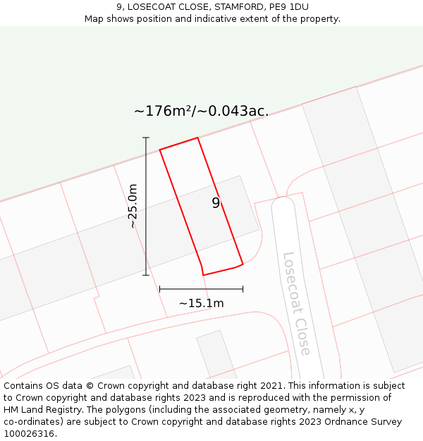 9, LOSECOAT CLOSE, STAMFORD, PE9 1DU: Plot and title map