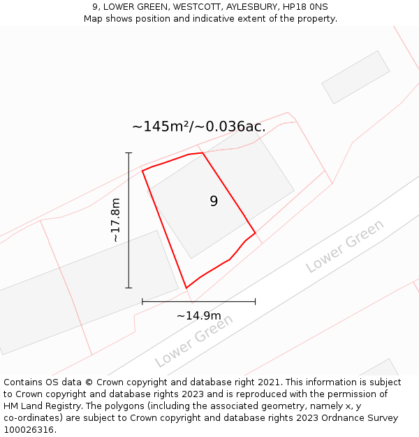 9, LOWER GREEN, WESTCOTT, AYLESBURY, HP18 0NS: Plot and title map