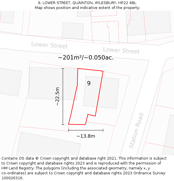 9, LOWER STREET, QUAINTON, AYLESBURY, HP22 4BL: Plot and title map