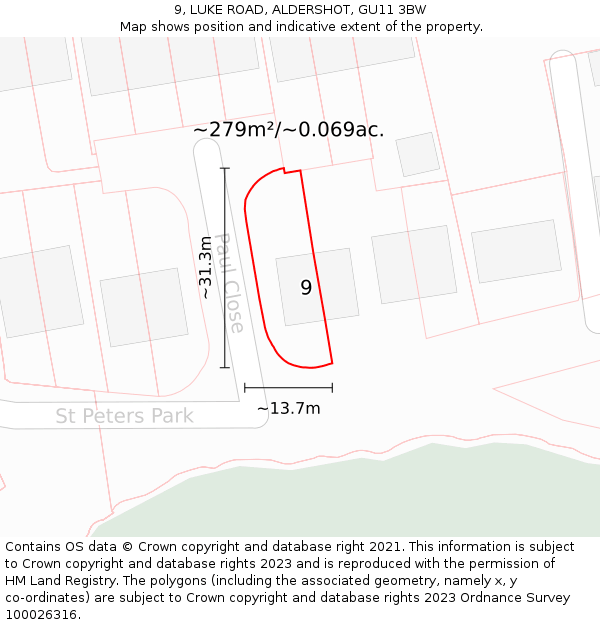 9, LUKE ROAD, ALDERSHOT, GU11 3BW: Plot and title map