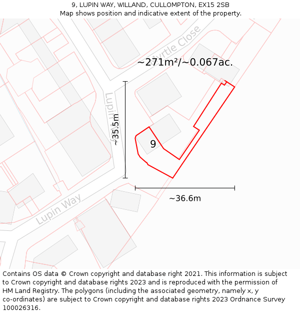 9, LUPIN WAY, WILLAND, CULLOMPTON, EX15 2SB: Plot and title map