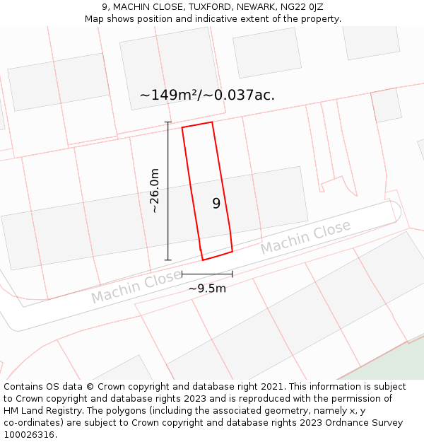 9, MACHIN CLOSE, TUXFORD, NEWARK, NG22 0JZ: Plot and title map