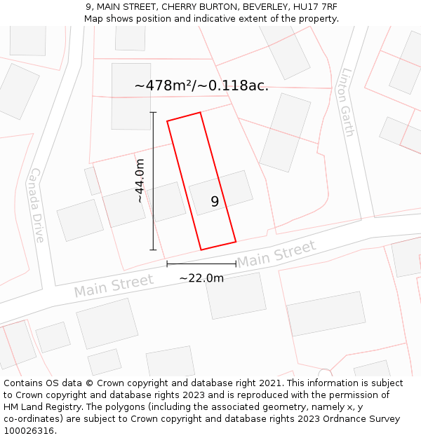 9, MAIN STREET, CHERRY BURTON, BEVERLEY, HU17 7RF: Plot and title map