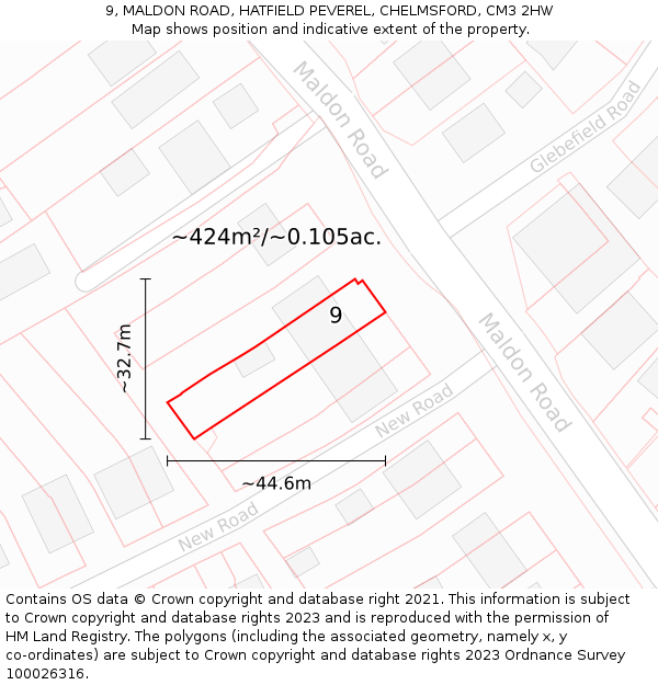 9, MALDON ROAD, HATFIELD PEVEREL, CHELMSFORD, CM3 2HW: Plot and title map