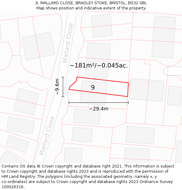 9, MALLARD CLOSE, BRADLEY STOKE, BRISTOL, BS32 0BL: Plot and title map