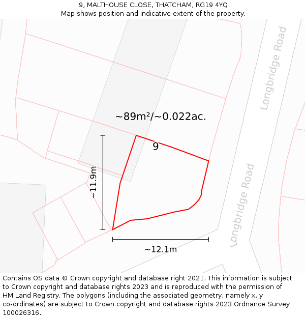 9, MALTHOUSE CLOSE, THATCHAM, RG19 4YQ: Plot and title map