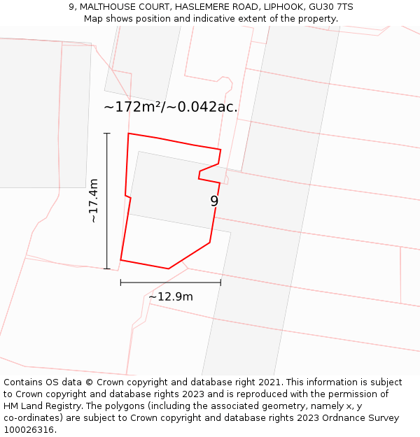 9, MALTHOUSE COURT, HASLEMERE ROAD, LIPHOOK, GU30 7TS: Plot and title map