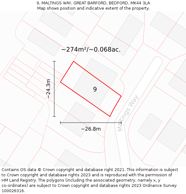 9, MALTINGS WAY, GREAT BARFORD, BEDFORD, MK44 3LA: Plot and title map