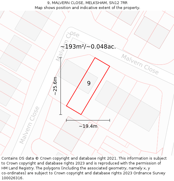 9, MALVERN CLOSE, MELKSHAM, SN12 7RR: Plot and title map