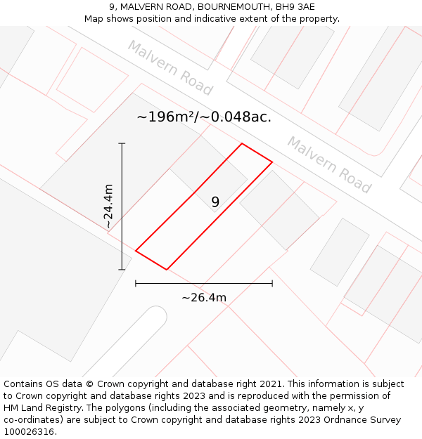 9, MALVERN ROAD, BOURNEMOUTH, BH9 3AE: Plot and title map